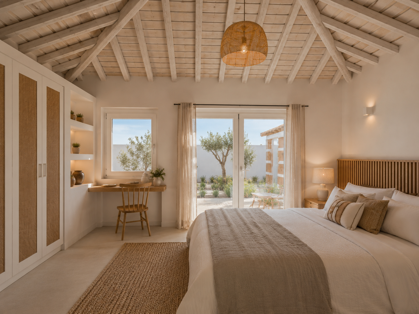 CGI render of the primary bedroom with timber detailing and garden view