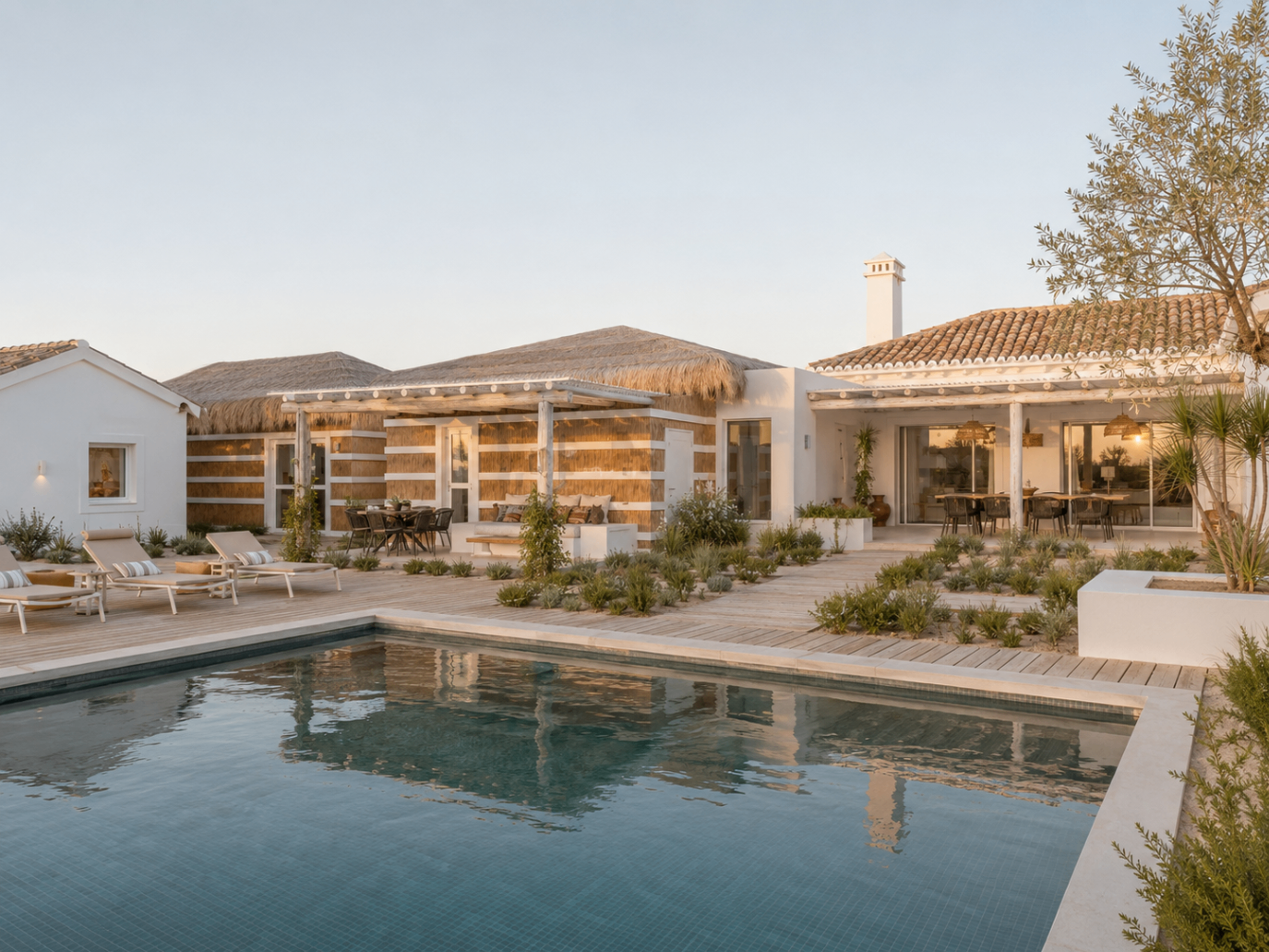 CGI render of the villa opening onto the pool courtyard in warm evening light