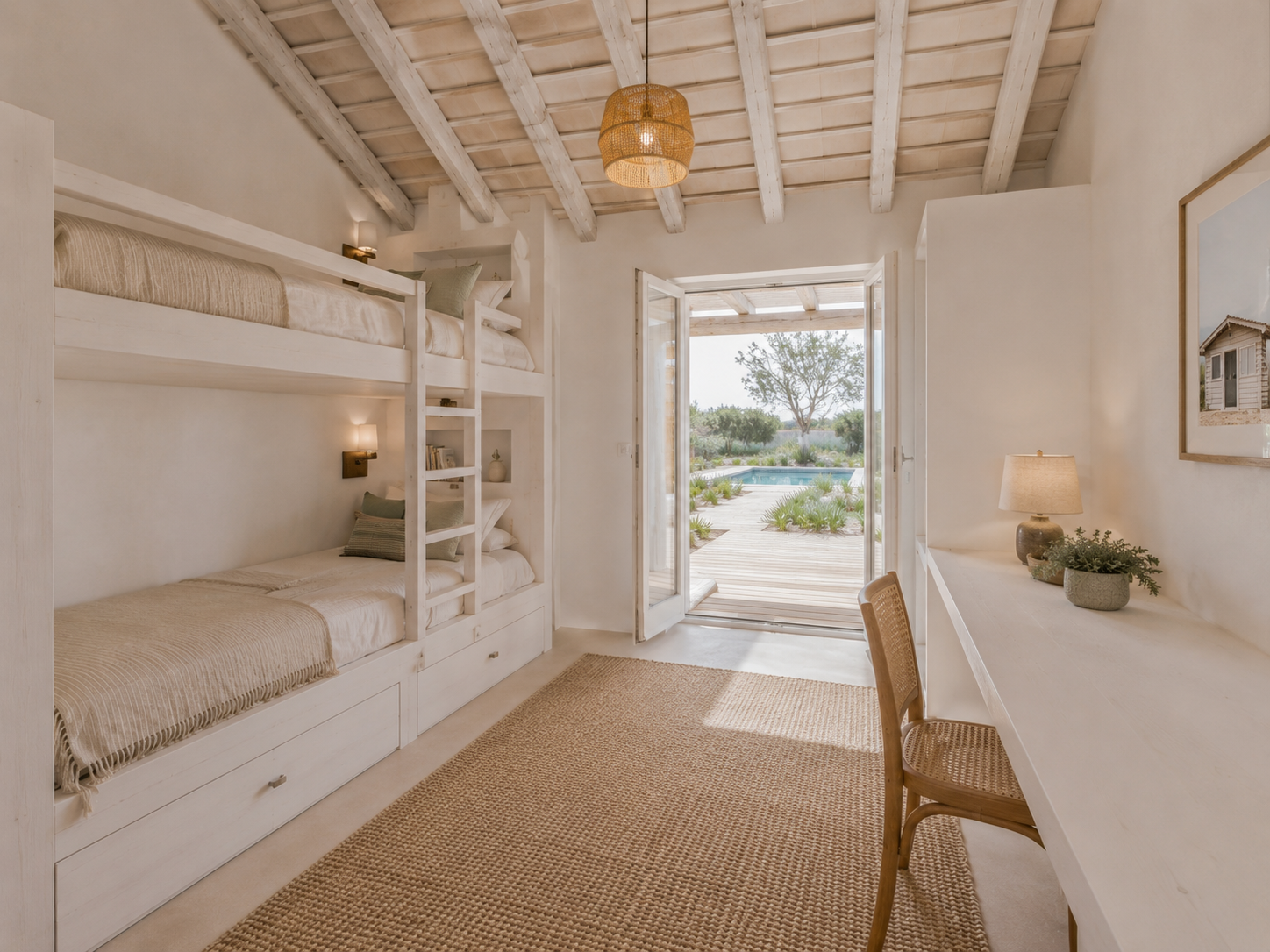 CGI render of a bunk room with desk and open doors onto the garden
