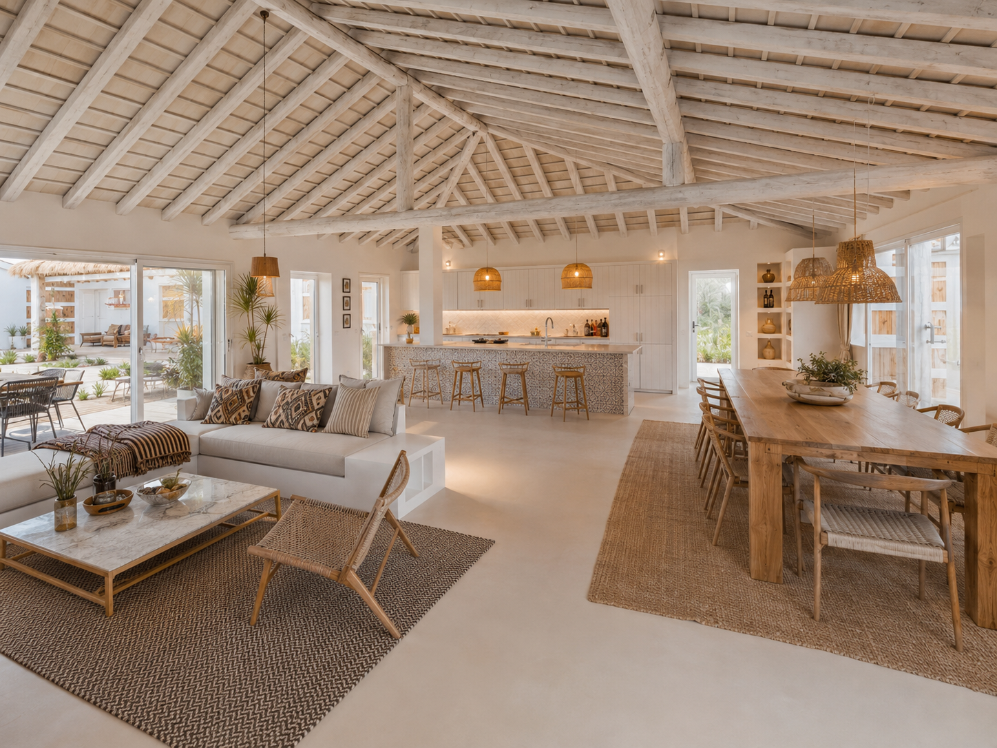 CGI render of the open-plan living, kitchen and dining area with natural materials