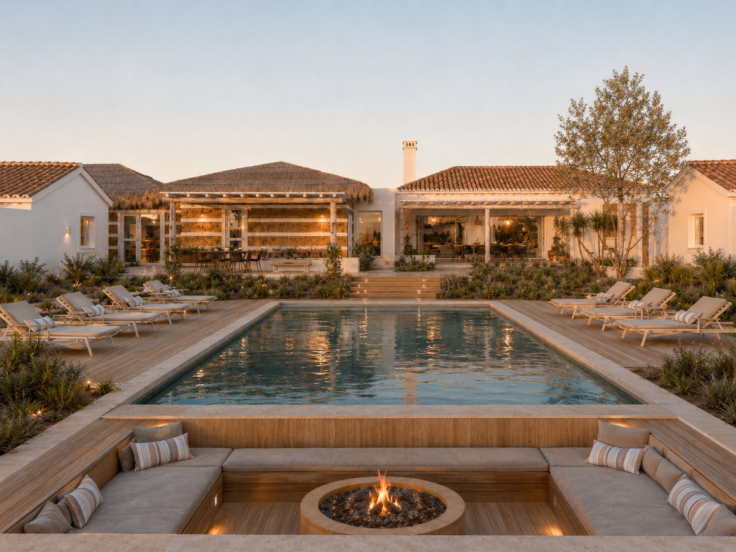 CGI render of the villa pool court at dusk with sun loungers and fire pit seating