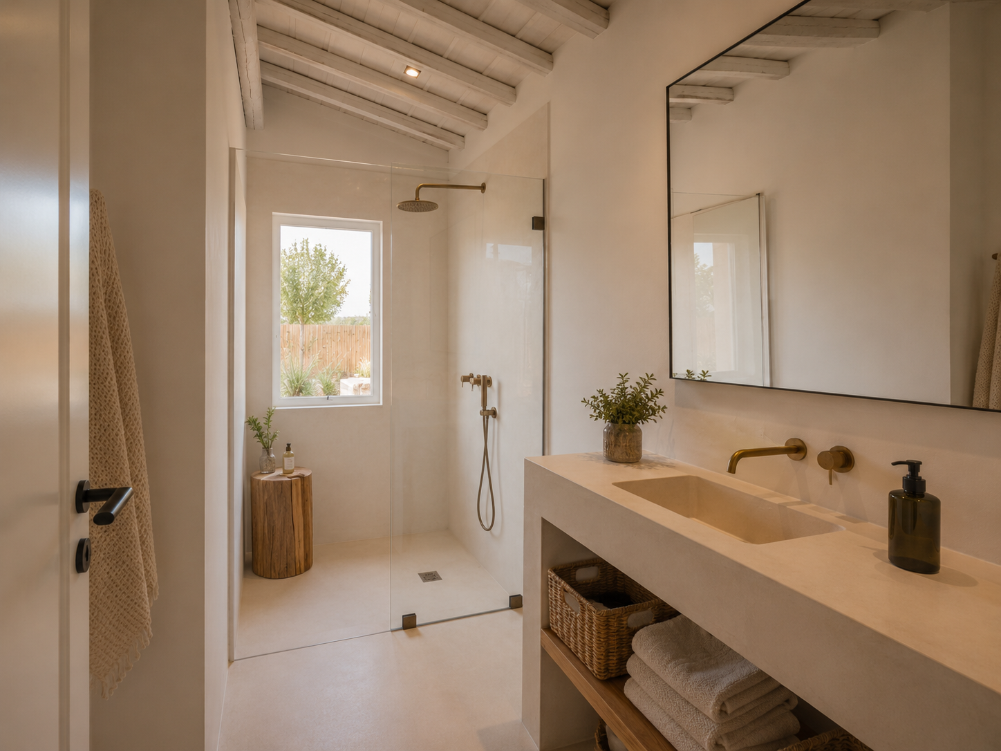 CGI render of the bathroom with limestone tones, plaster walls and brass fixtures